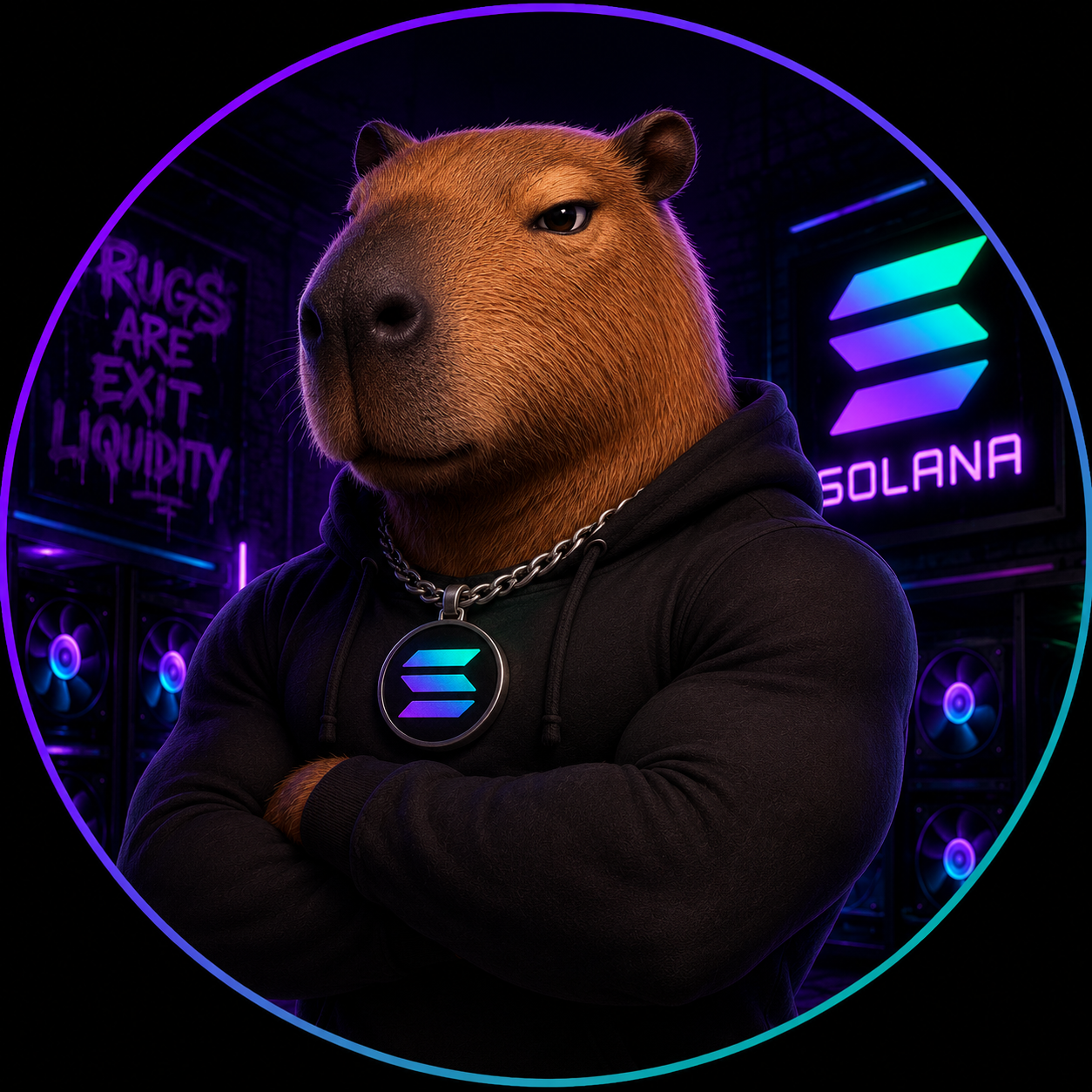 Capy, the $CAPY mascot, wearing a Solana hoodie in a neon mining rig room